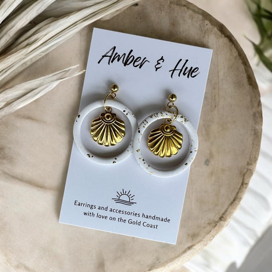 Large Gold Seashell White Hoop Earrings