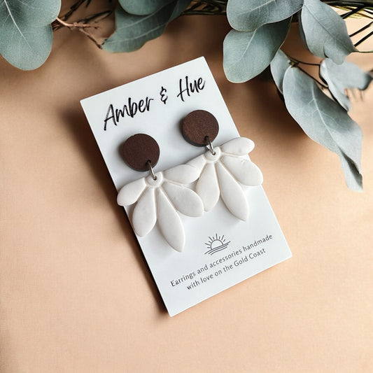 Flower White and Wood Dangle Earrings