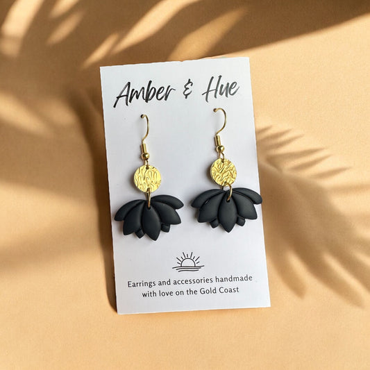 Black and Gold Lotus Hook Earrings