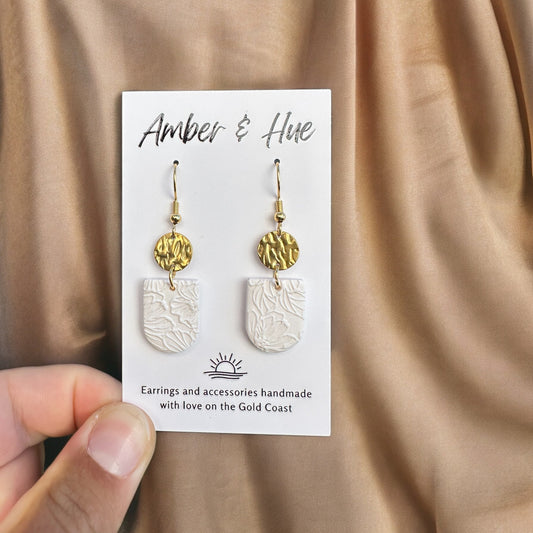 Delicate Floral Print White and Gold Hook Earrings