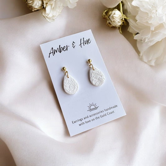 Small White Flower Imprint Teardrop Earrings