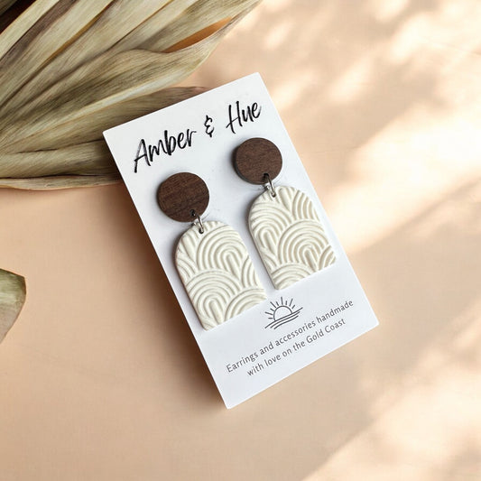 Textured Arch Dangle Earrings With a Wood Stud Post White