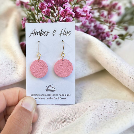 Leaf Print Pink Hook Earrings
