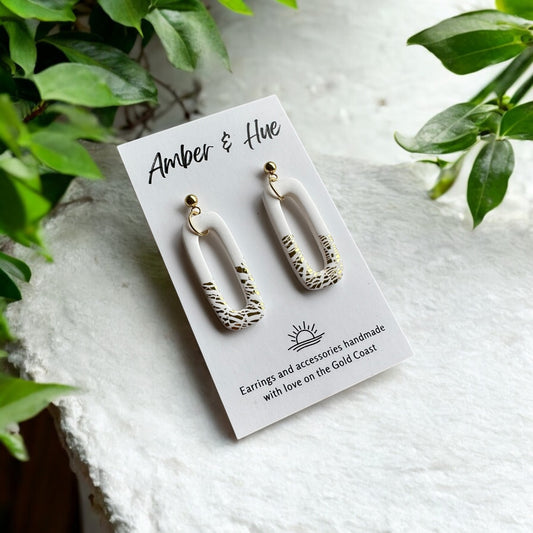 Rounded Rectangle White and Gold Dangle Earrings