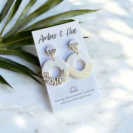 Elegant White and Gold Hoop Dangle Earrings