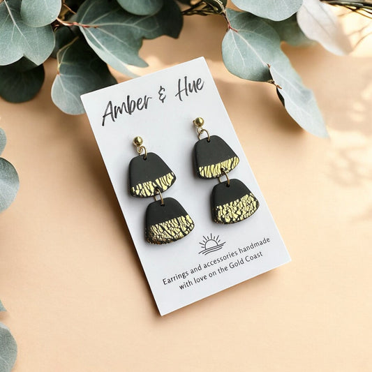 Two Tier Black and Gold Dangle Earrings