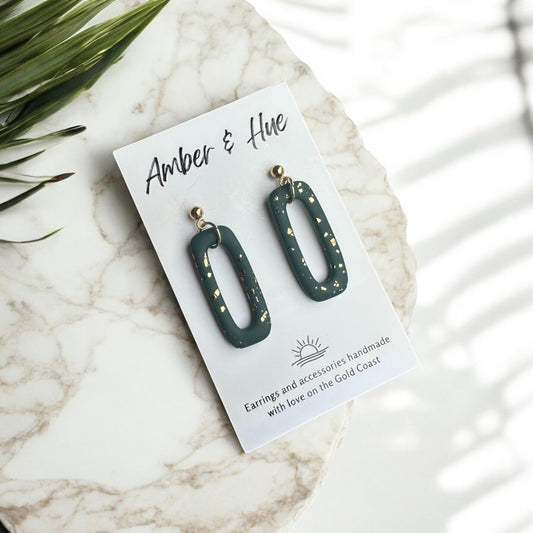 Dark Green and Shimmery Gold Rounded Rectangle Dangle Earrings