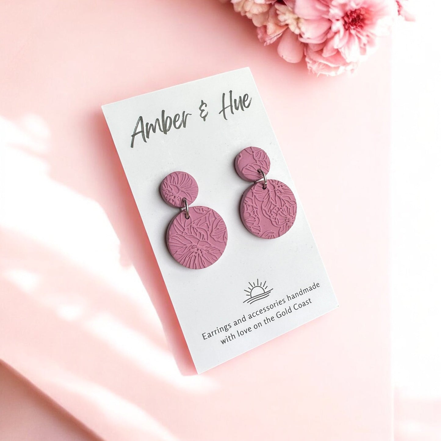 Pink Round Floral Imprint Dangle Earrings