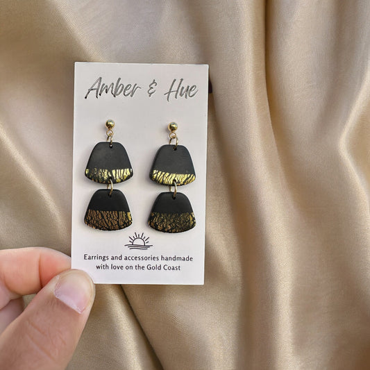 Two Tier Black and Gold Dangle Earrings
