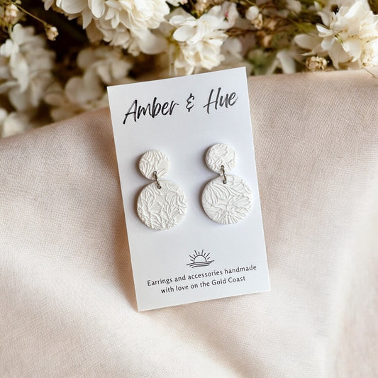 Floral Imprint Small White Round Dangle Earrings