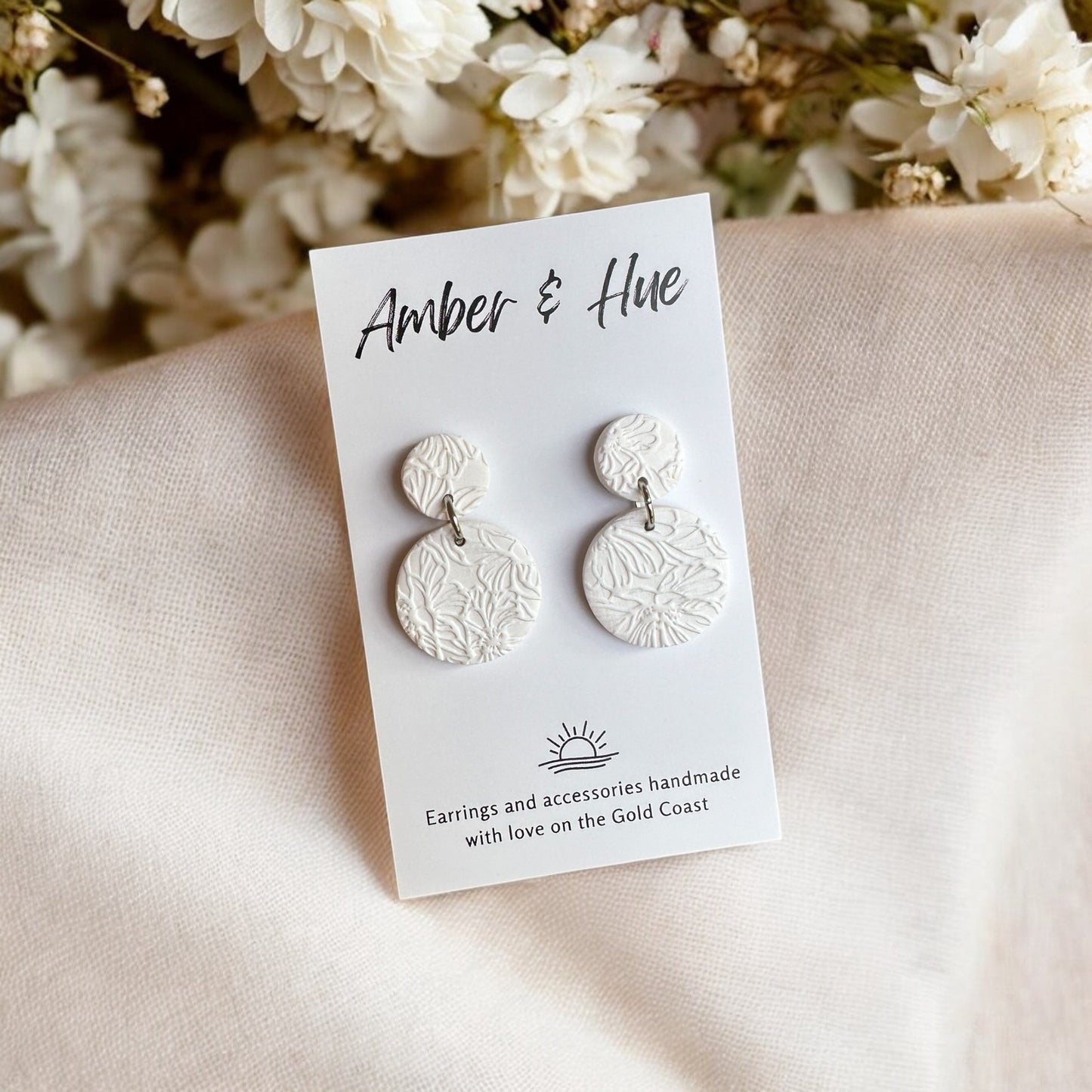 Floral Imprint Small White Round Dangle Earrings