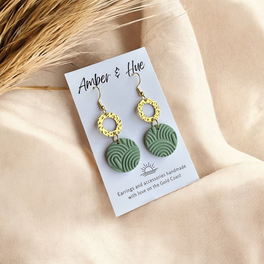 Dainty Gold and Green Textured Round Hook Earrings