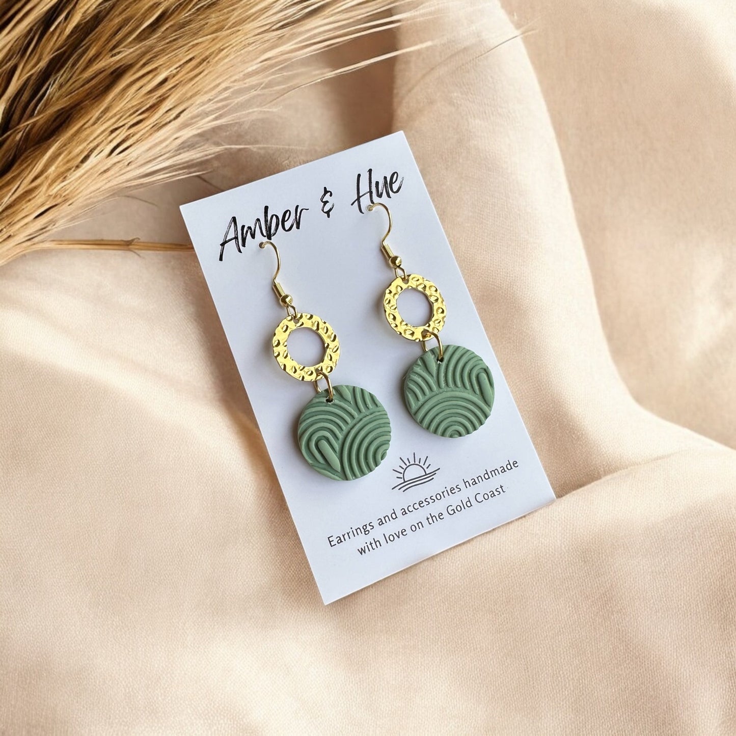 Dainty Gold and Green Textured Round Hook Earrings