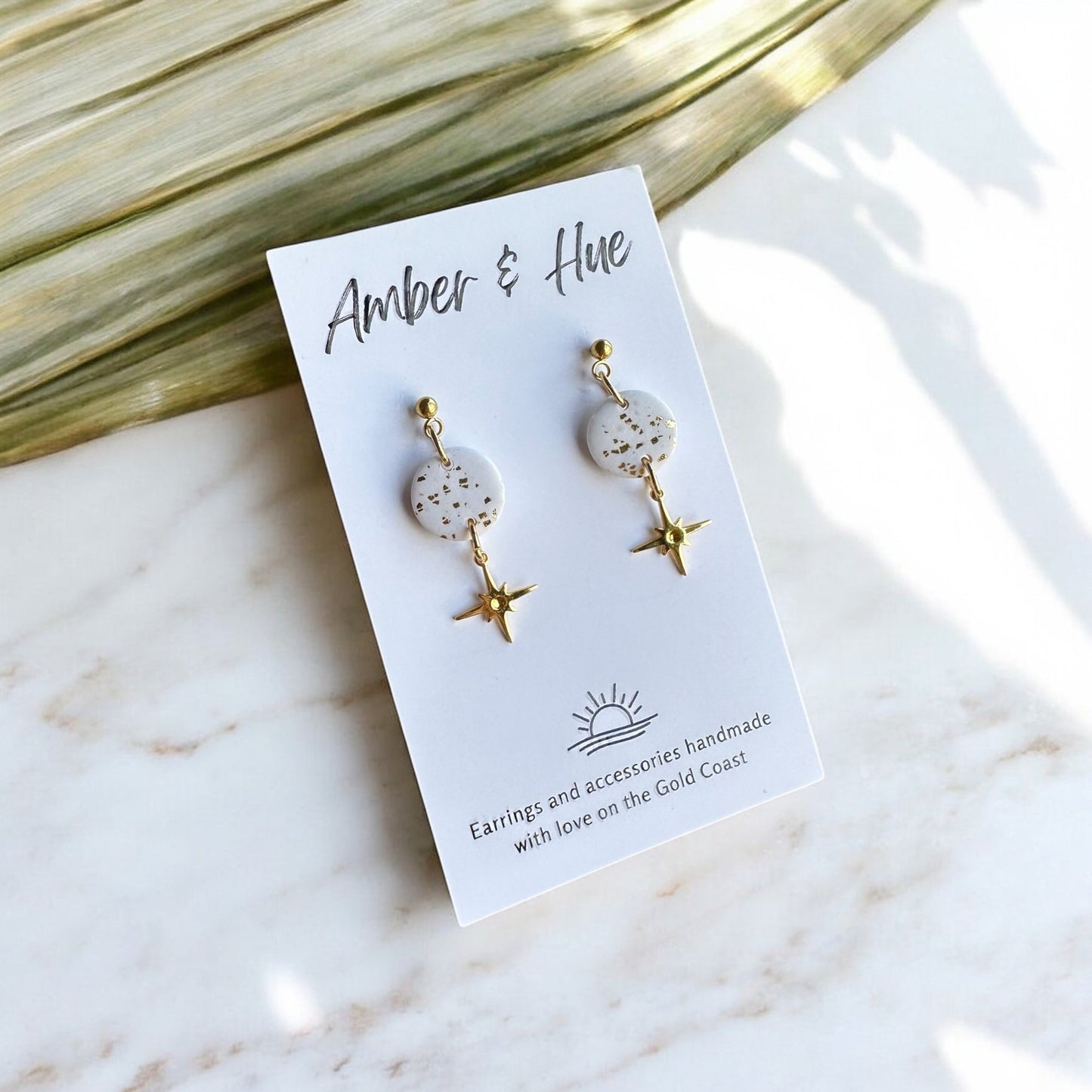 Star Charm Dangle Earrings White & Gold