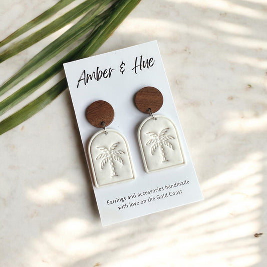 Palm Tree Imprint White Dangle Earrings With a Wood Stud Post