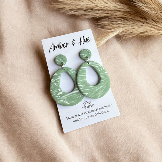 Marbled Green and White Rounded Teardrop Dangle Earrings