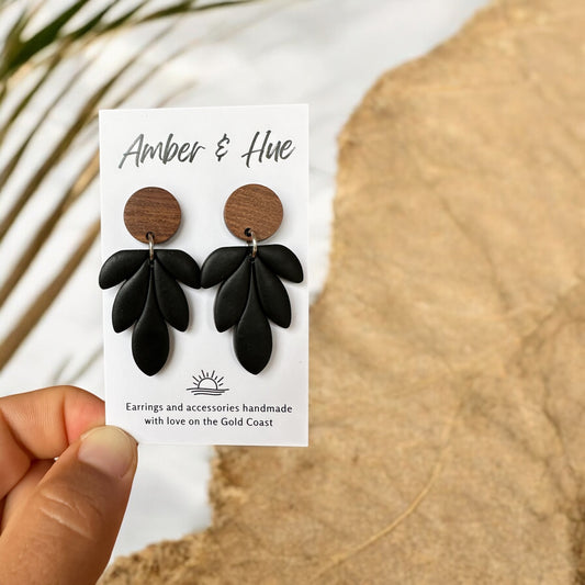 Black Bloom Wooden Stud Post Dangle Earrings