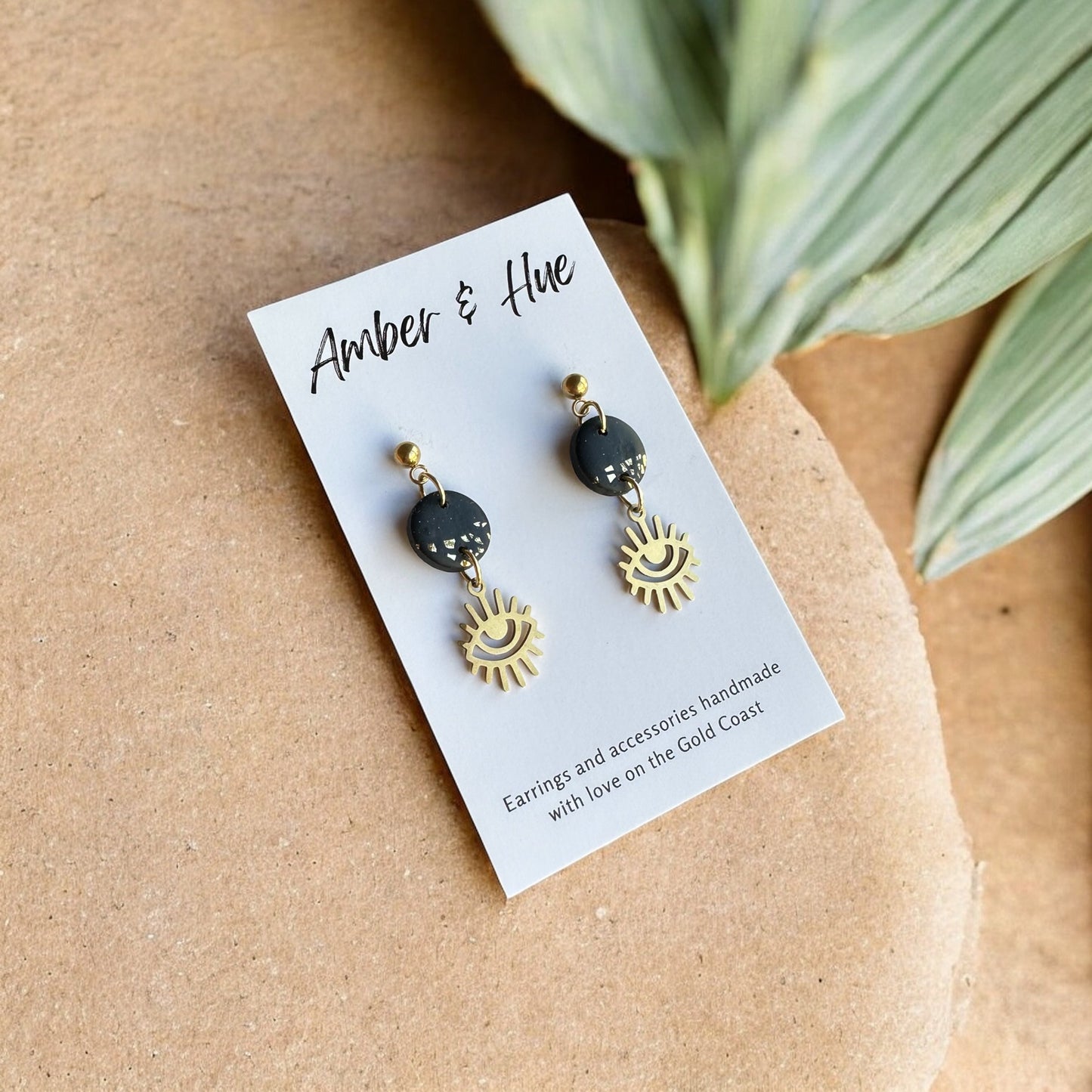 Eye Charm Dangle Earrings Black & Gold