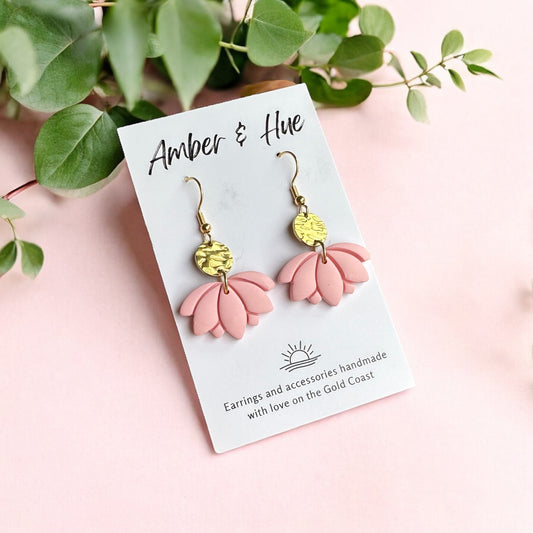Soft Pink Lotus and Dainty Gold Disk Hook Earrings