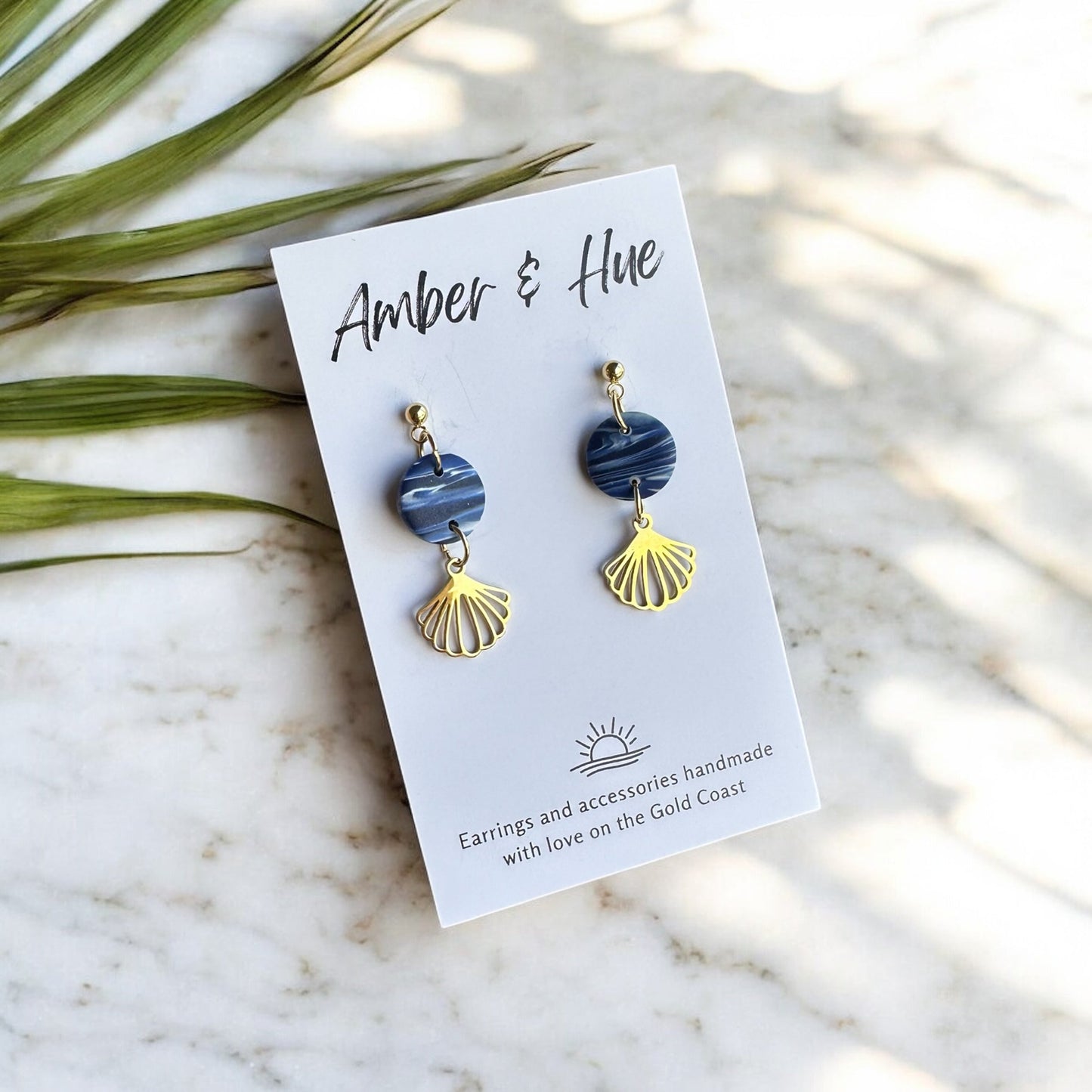 Navy Blue Marbled and Gold Seashell Charm Dangle Earrings