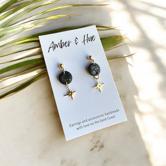 Star Charm Dangle Earrings Black & Gold