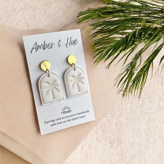Arch White Palm Imprint Dangle Earrings With Gold Stud Post