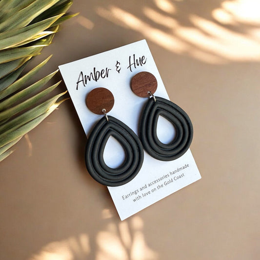 Teardrop Shaped Black Earrings With Wood Stud Post