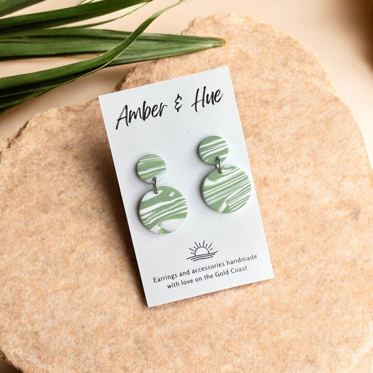 Green and White Small Circle Dangle Earrings