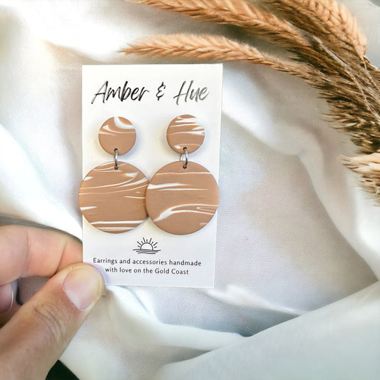 Tan Marbled Round Dangle Earrings