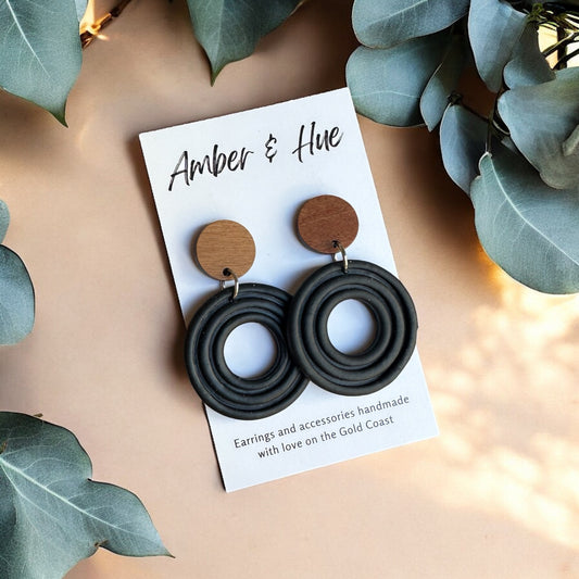 Hoop Dangle Earrings With Wood Stud Post Black