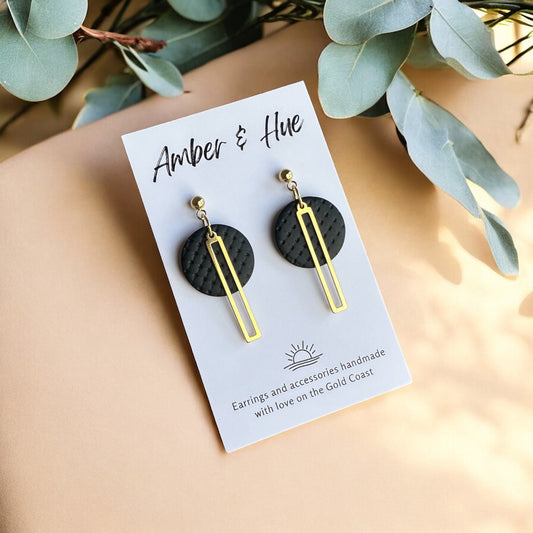 Black Round Textured and Gold Accent Dangle Earrings