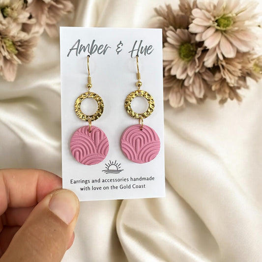 Pink Textured Round Hook Earrings With Gold Dainty Circle