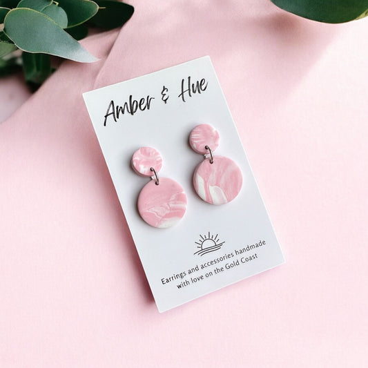 Pink and White Small Round Dangle Earrings