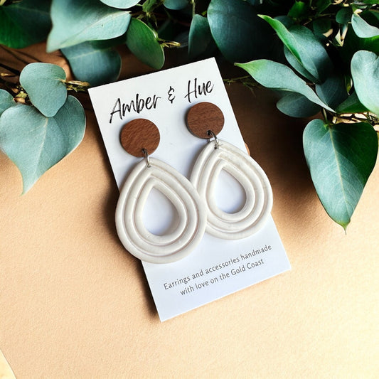 Teardrop Dangle Earrings With Wood Stud Post White