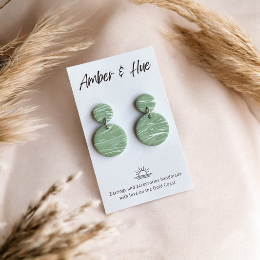Green and White Marbled Small Round Dangle Earrings