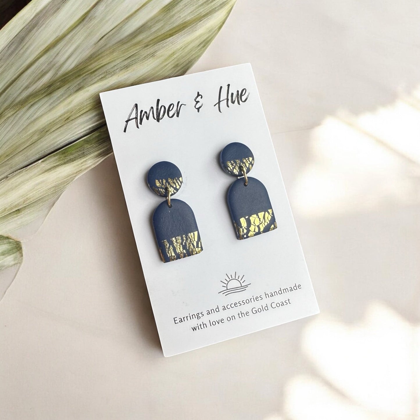 Navy Blue and Gold Small Arch Dangle Earrings