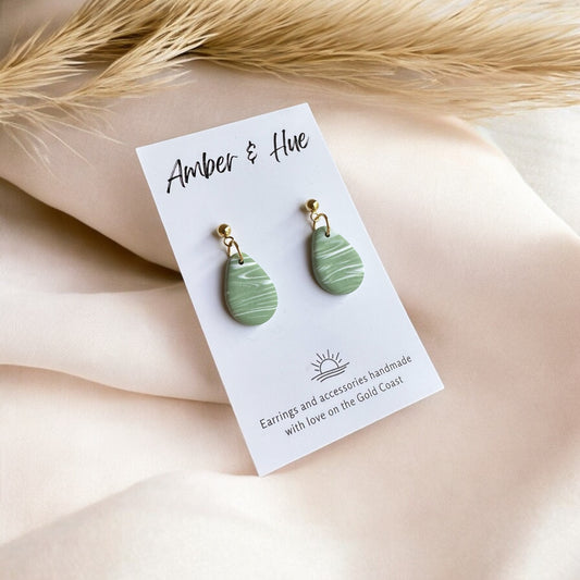 Green and White Marbled Small Teardrop Dangle Earrings
