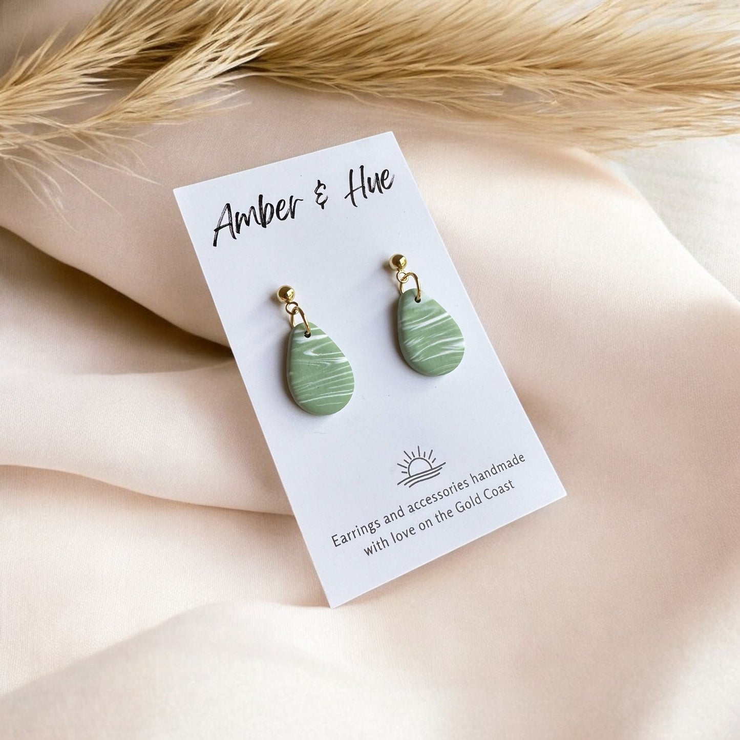 Green and White Marbled Small Teardrop Dangle Earrings