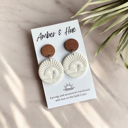 Tropical Imprint White Dangle Earrings With Wooden Stud Post