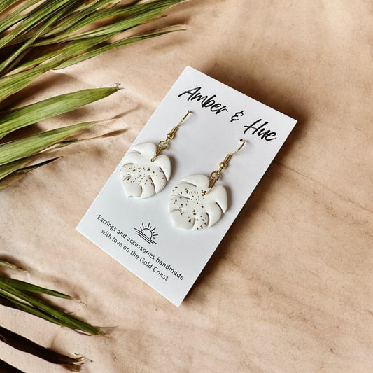 Monstera Leaf White and Gold Shimmer Hook Earrings