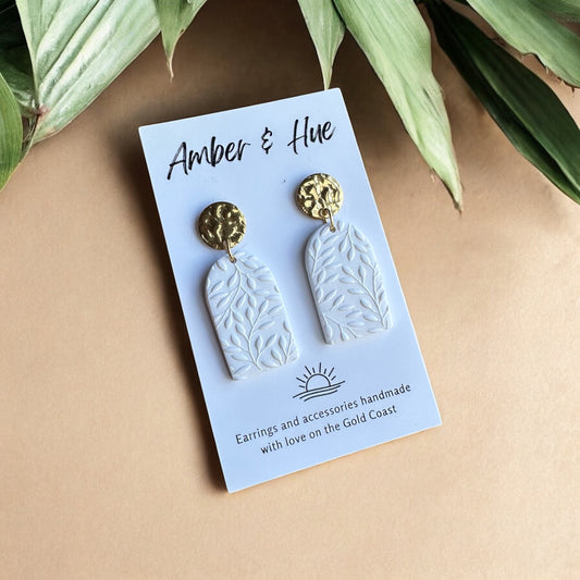 Leaf Print White and Gold Arch Dangle Earrings