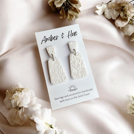 Flower Imprint White Textured Earrings
