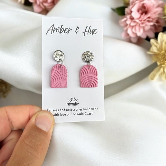 Pink Textured Arch Dangle Earrings With Silver Stud Post