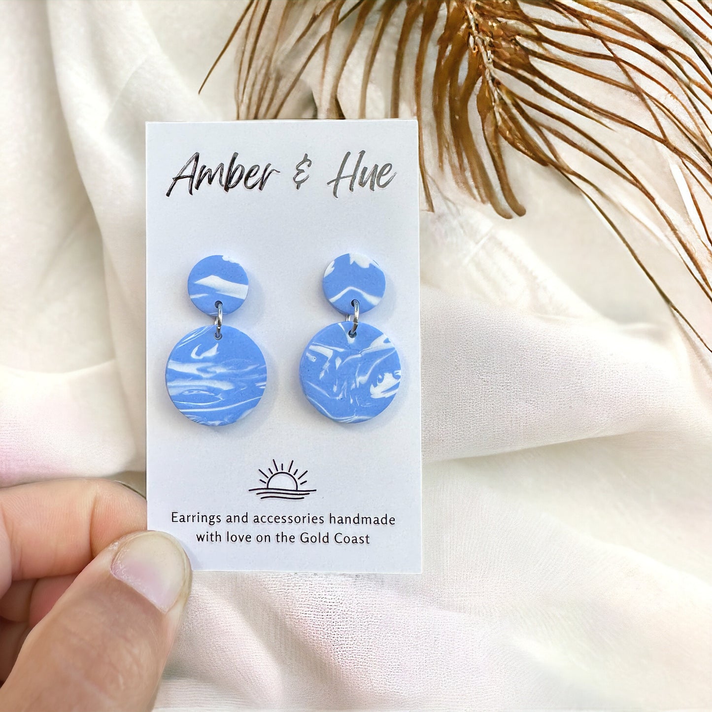 Sky Blue and White Small Round Dangle Earrings