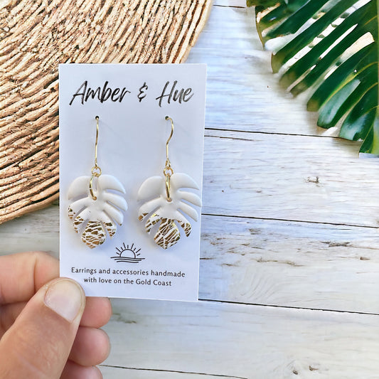 Monstera Leaf White and Gold Hook Earrings