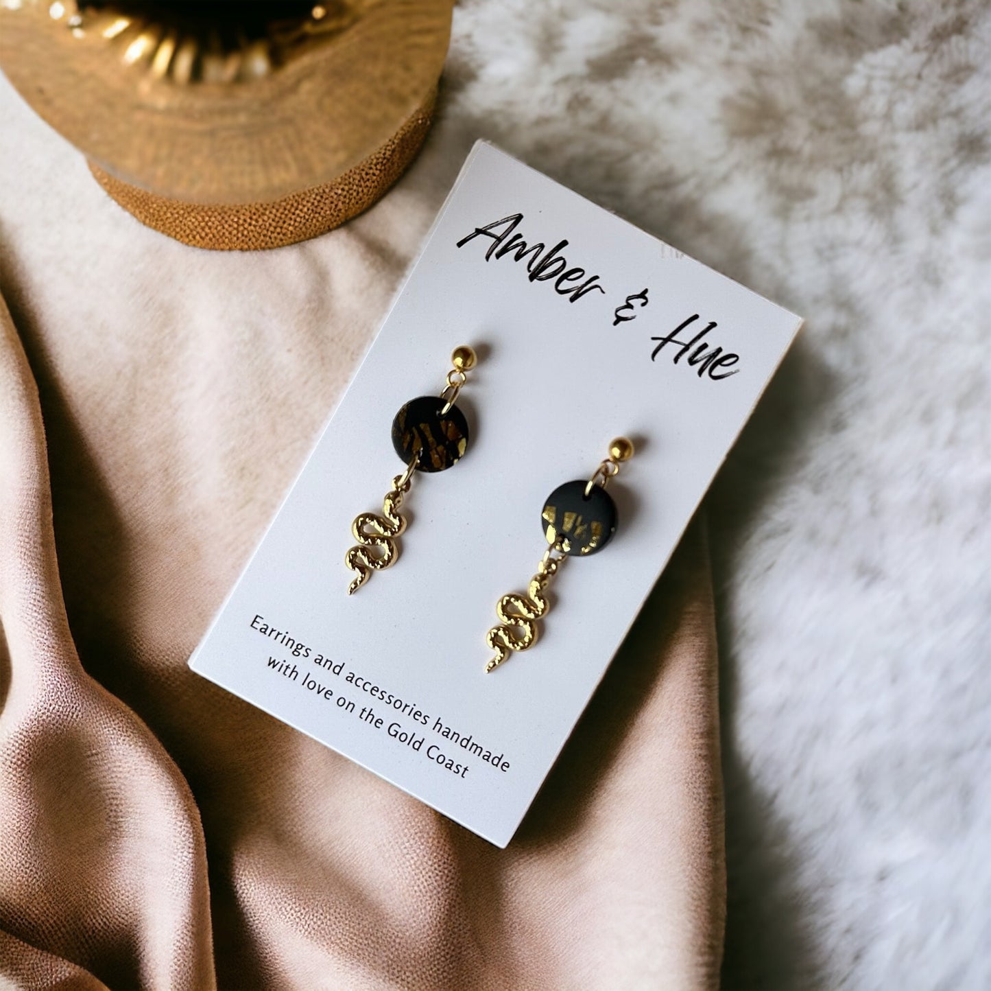 Snake Charm Dangle Earrings Black & Gold