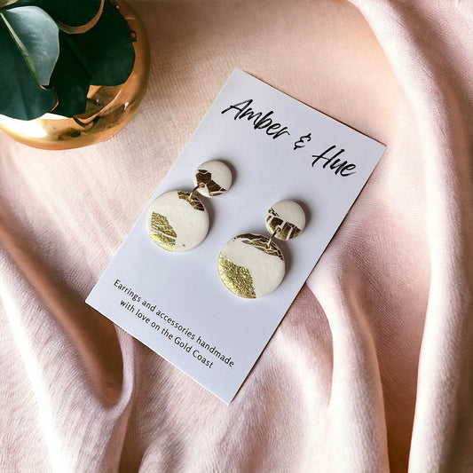 White & Gold Small Round Dangle Earrings