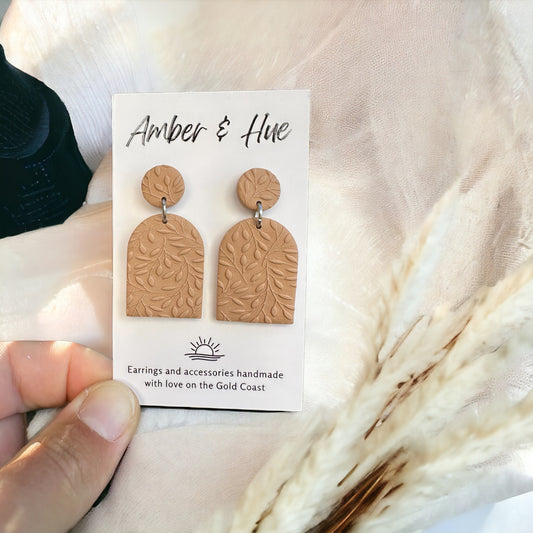 Leaf Print Tan Arch Dangle Earrings