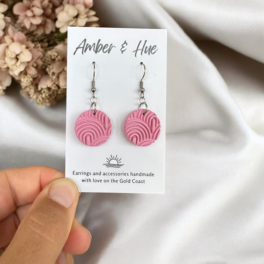 Pink Round Textured Hook Earrings