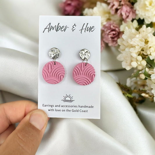 Pink Textured Earrings With Dainty Silver Stud Post